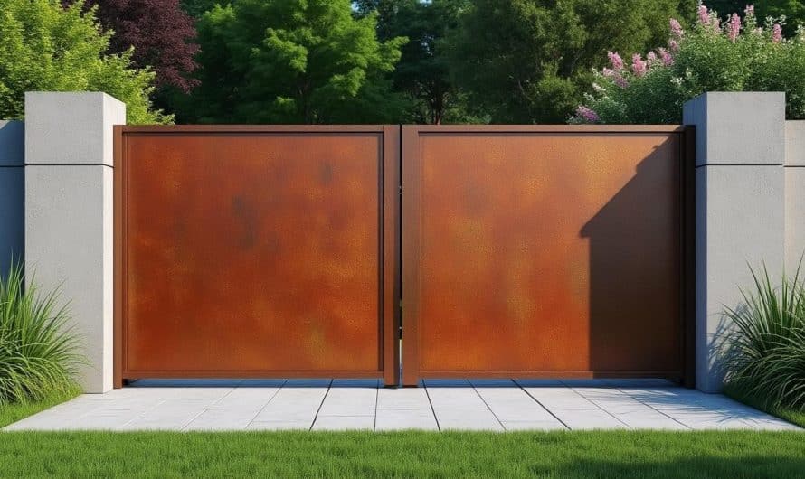 Portail battant en acier corten : traitement anti-corrosion et installation sur piliers existants